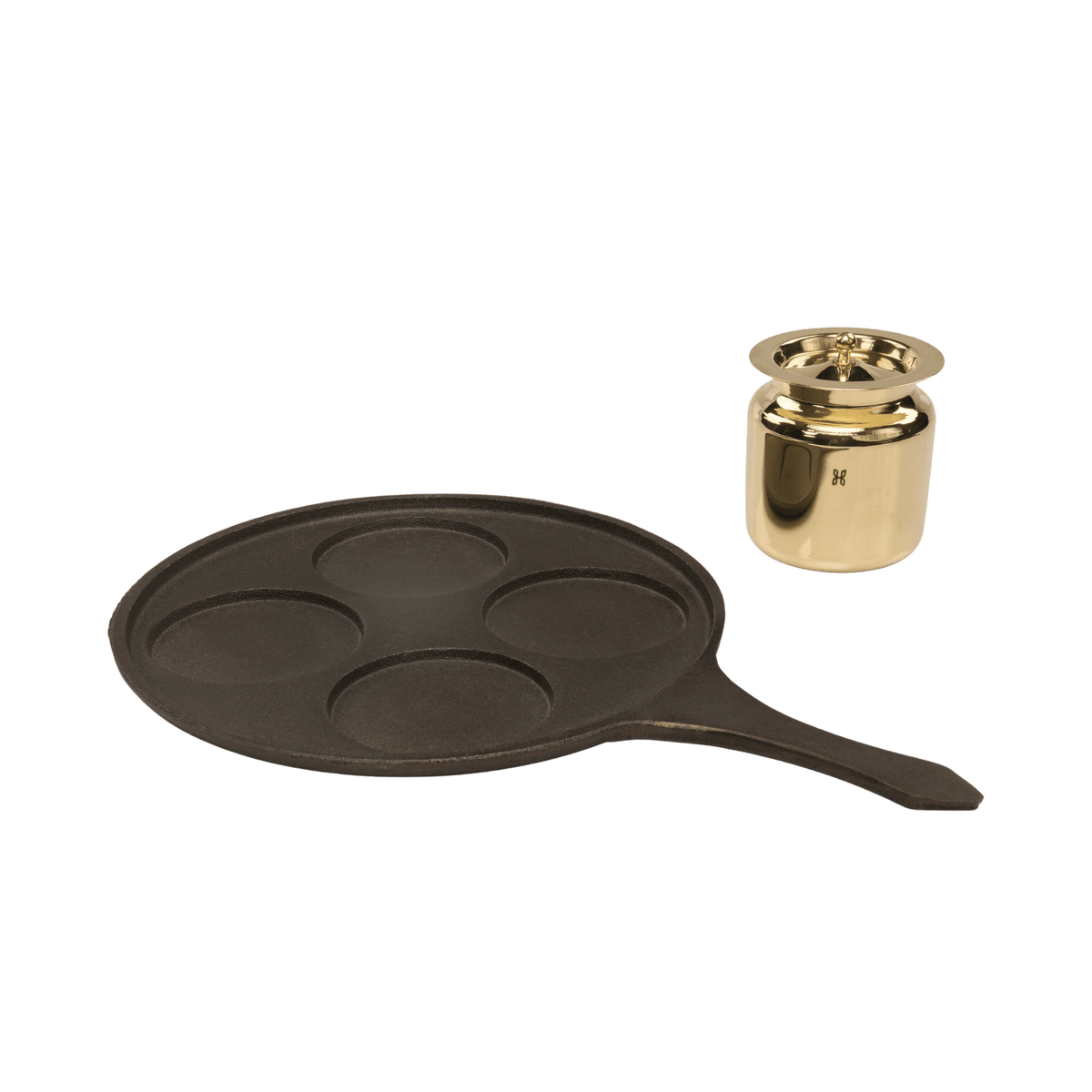CAST IRON UTHAPPAM PAN + BRASS OIL JAR 300 ML PLAIN