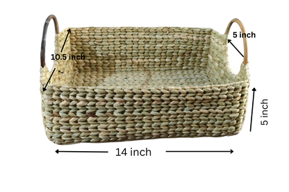HITHA SEAGRASS HANDWOVEN- RECTANGLE BASKET WITH WOODEN HANDLE-EKG067