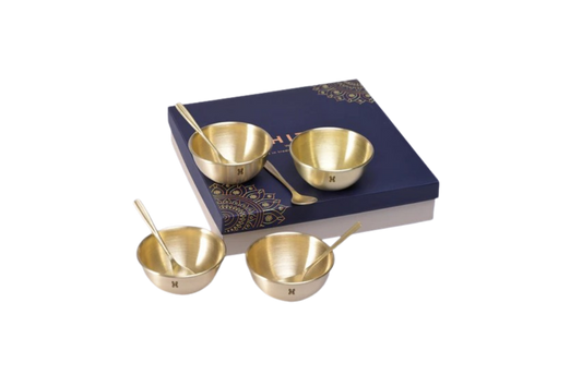 BRASS BHOGINI CUPS AND SPOON GIFT BOX SET OF 4