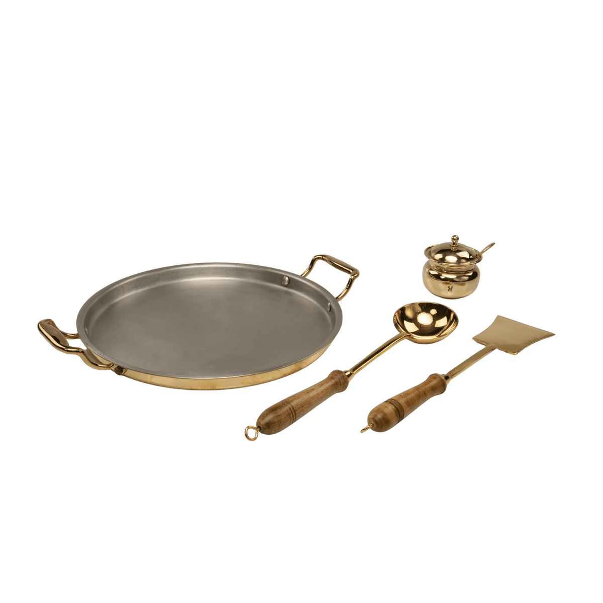 BRASS DOSA TAWA + BRASS GHEE POT PLAIN-160 ML + BRASS LADDLE-DOSA THIRUPI + BRASS LADDLE KULI KARANDI
