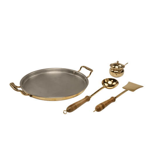 BRASS DOSA TAWA + BRASS GHEE POT PLAIN-160 ML + BRASS LADDLE-DOSA THIRUPI + BRASS LADDLE KULI KARANDI
