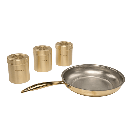 BRASS FRY PAN + Coffee, tea& sugar boxes set (DEEP DABBA-500 ML PLAIN-3)