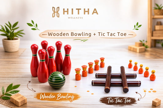Hitha wooden handcrafted 6 pin bowling set for kids-strike the perfect balance of fun & learning + Hitha handcrafted wooden tic tac toe game - play smart play natural