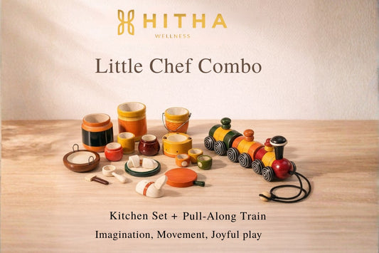 Hitha wooden kitchen play set - cooking up creativity, the natural Way ( 22 pcs set )- Hitha handcrafted wooden pull-along toys - every step has a friend (pull train )