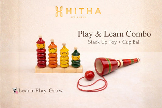 Hitha handcrafted wooden match & stack toy -stack up skills + Hitha handcrafted wooden cup - ball game