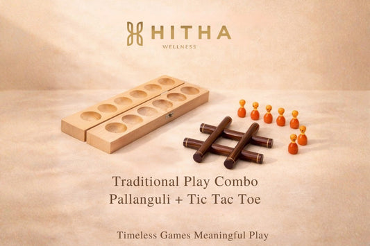 Hitha handcrafted wooden pallanguli - play the tradition + Hitha handcrafted wooden tic tac toe game - play smart play natural